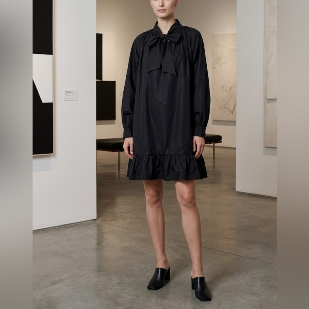 Sundays Dress 2 Black Patou Bow Neck Balloon Sleeves Ruffle Hem Taffeta Classic